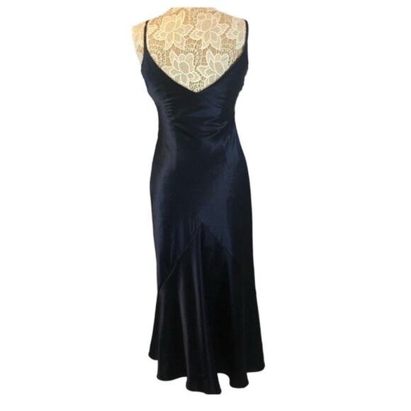 Y2K Alex Evenings navy beaded slip cowl neck floral satin formal Gown small - Picture 2 of 16